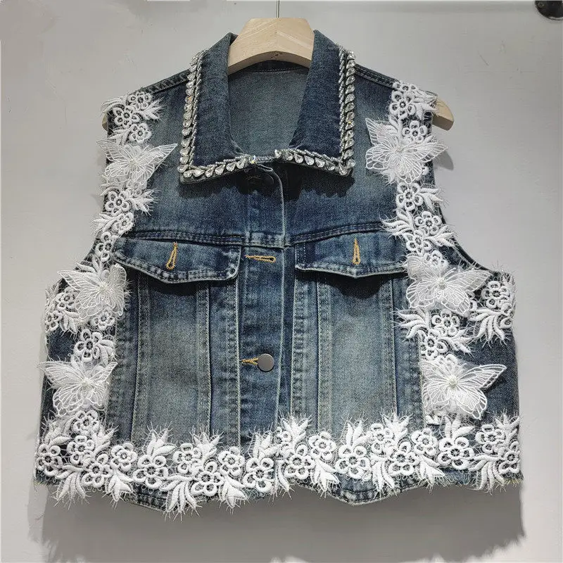 Heavy Work Diamond Lace Embroidery Flower Butterfly Dark Blue Short Denim Vest Spring Casual Lapel Sleeveless Cowboy Waistcoat