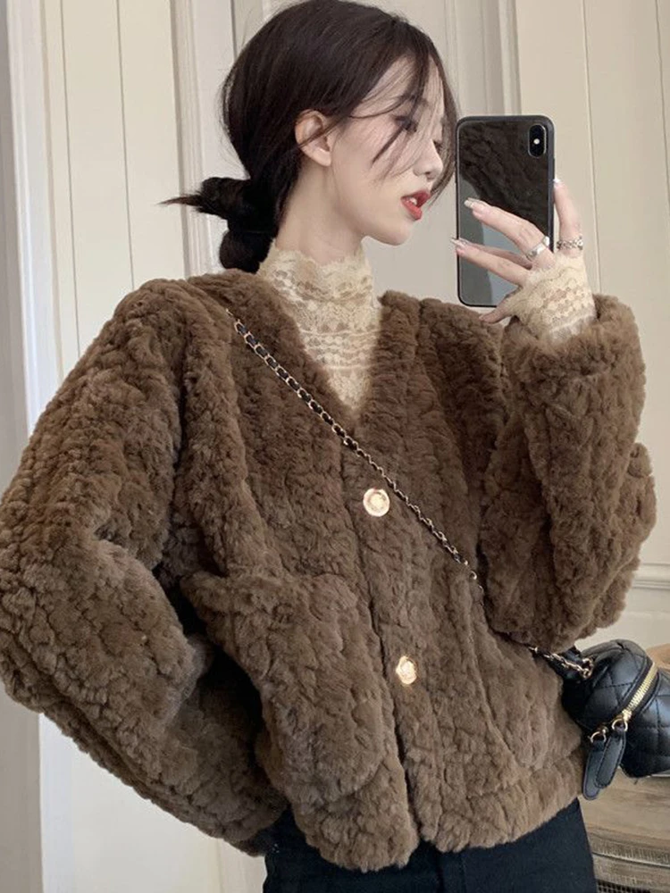 Zoki Elegant Faux Fur Lamb Coats Women Winter Thick Sweet Korean Jackets Fashion Warm Plush Long Sleeve Casual Buttons Outwear