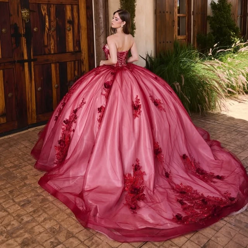 Robes de Quinceanera rouge personnalisées, épaules dénudées, paillettes de cristal, appliques de fleurs 3D, dentelle, longue queue, 15