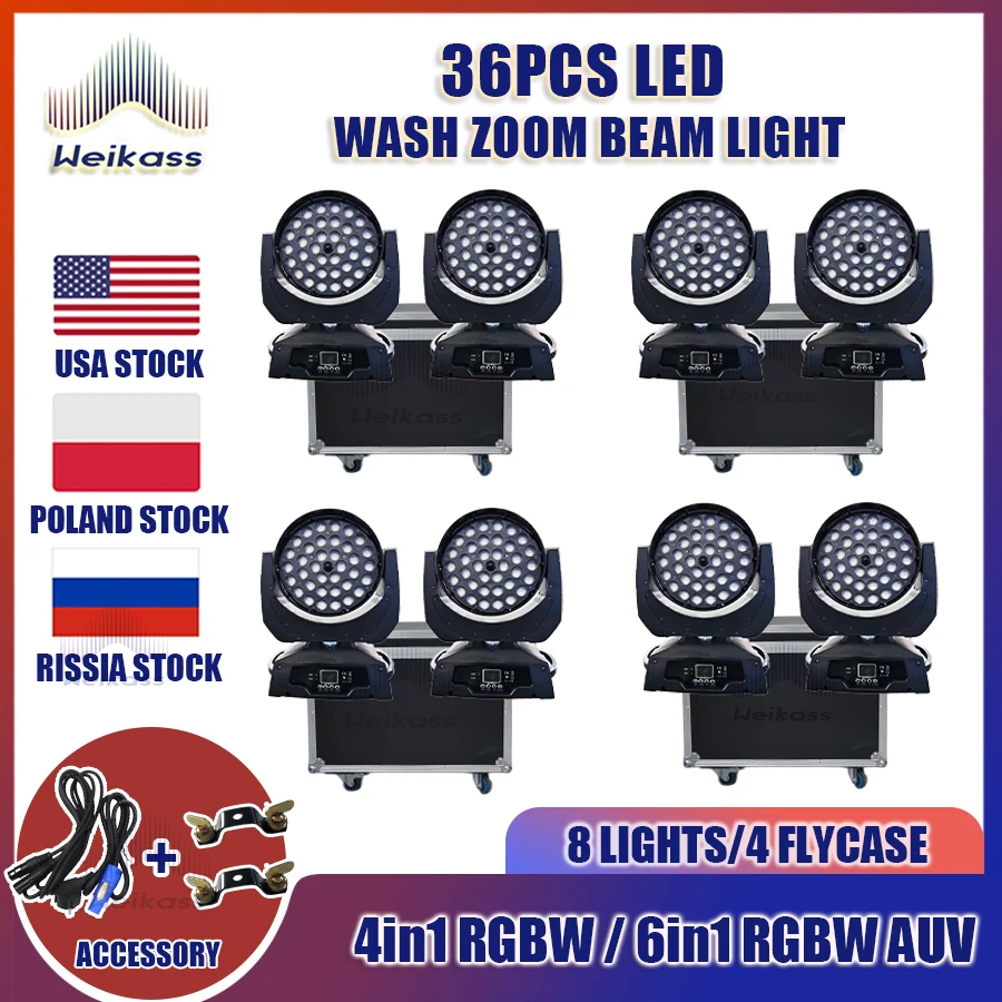 0 Belasting 8 Stuks Led Zoom Wassen 36X18W Rgbwauv 4/6 In1 Bewegende Koplamp Met Flycase Lyre Wash Zoom 36X18W Rgbwauv 6in1 Bewegende Kop