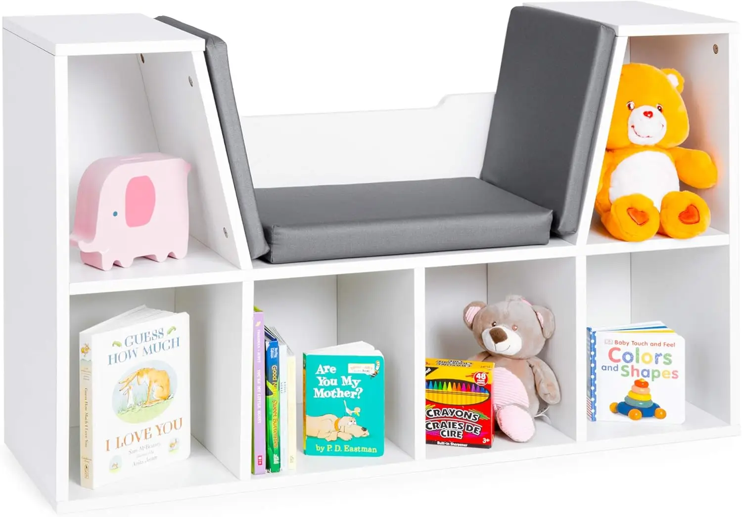 6-Cubby Kids Bedroom Storage Organizer, Multi-Purpose Bookcases, Shelf Furniture Decoration w/Cushioned Reading Nook - White