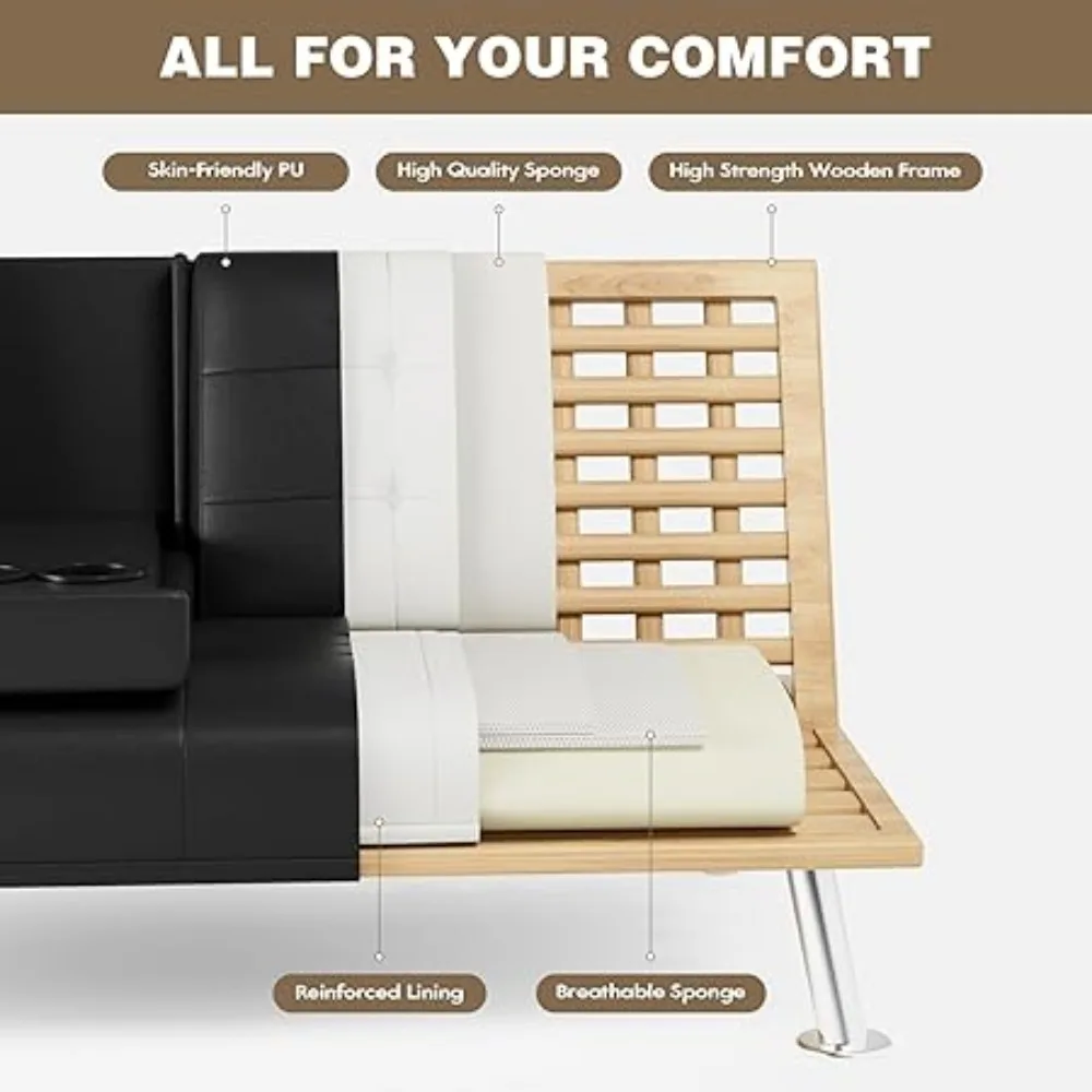 Sofá-cama futon, sofá futon de couro com braços removíveis, sofá-cama reclinável ajustável com porta-copos duplos