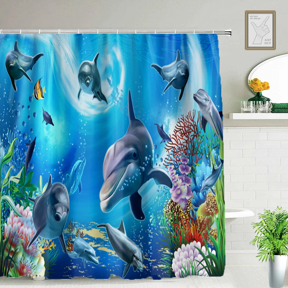 Dolphin Shower Curtain Blue Underwater World Beach Polyester Fabric Kids Ocean Theme Waterproof Bathroom Decor Set with 12 Hooks