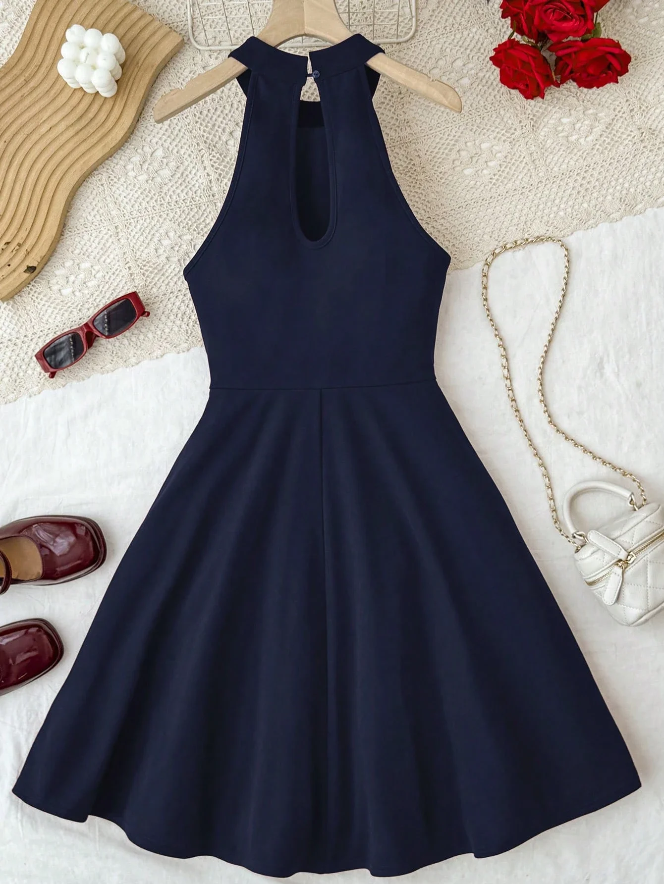

Navy Blue Sleeveless Halter Neck A-Line Party Dress For Women