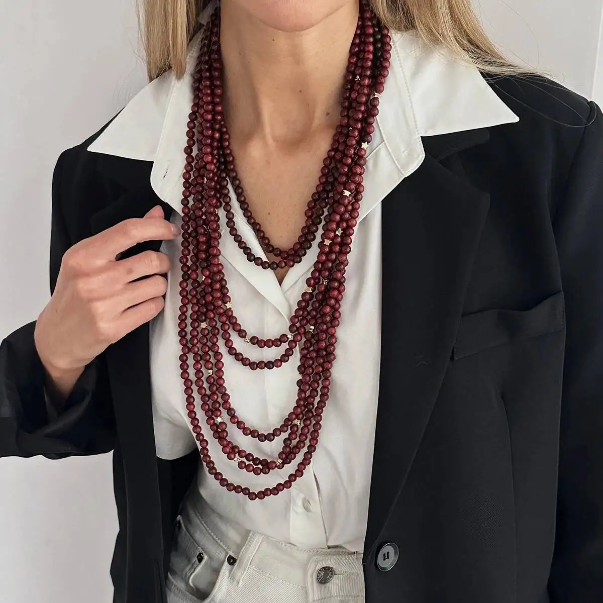 

SHIXIN Luxury Multi Layered Stacked Wooden Beaded Chokers Necklace Women Vintage Sweater Chain Accessories Jewelry on the Neck