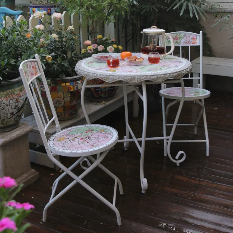 Outdoor outdoor courtyard garden leisure table and chairs, American pink rose pattern balcony table and chair combination
