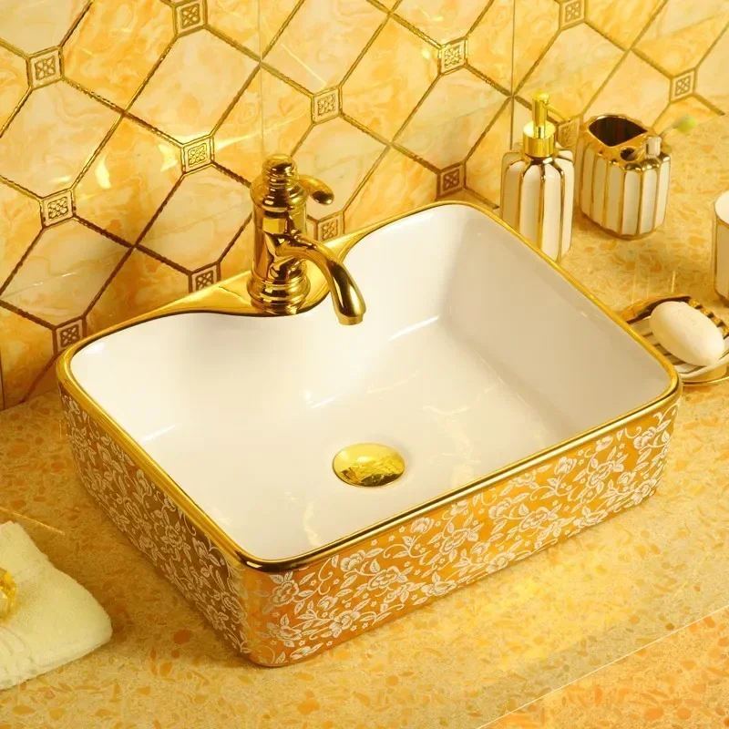Lavabo da tavolo in oro in stile europeo, lavabo in ceramica artistica, lavabo da tavolo rettangolare in oro per uso domestico