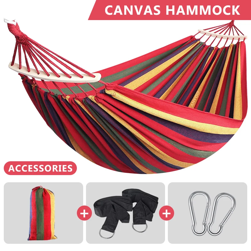 

Blue Red 2 People Outdoor Canvas Camping Hammock Bend Wood Stick Steady Hamak Garden Park Swing Hanging Chair Hangmat 250*150cm