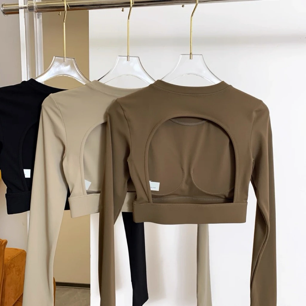 

Women's Sports Top with Built-in Bra, Backless Yoga Wear, Running Training, Professional Pilates Fitness Clothing, Long Sleeve