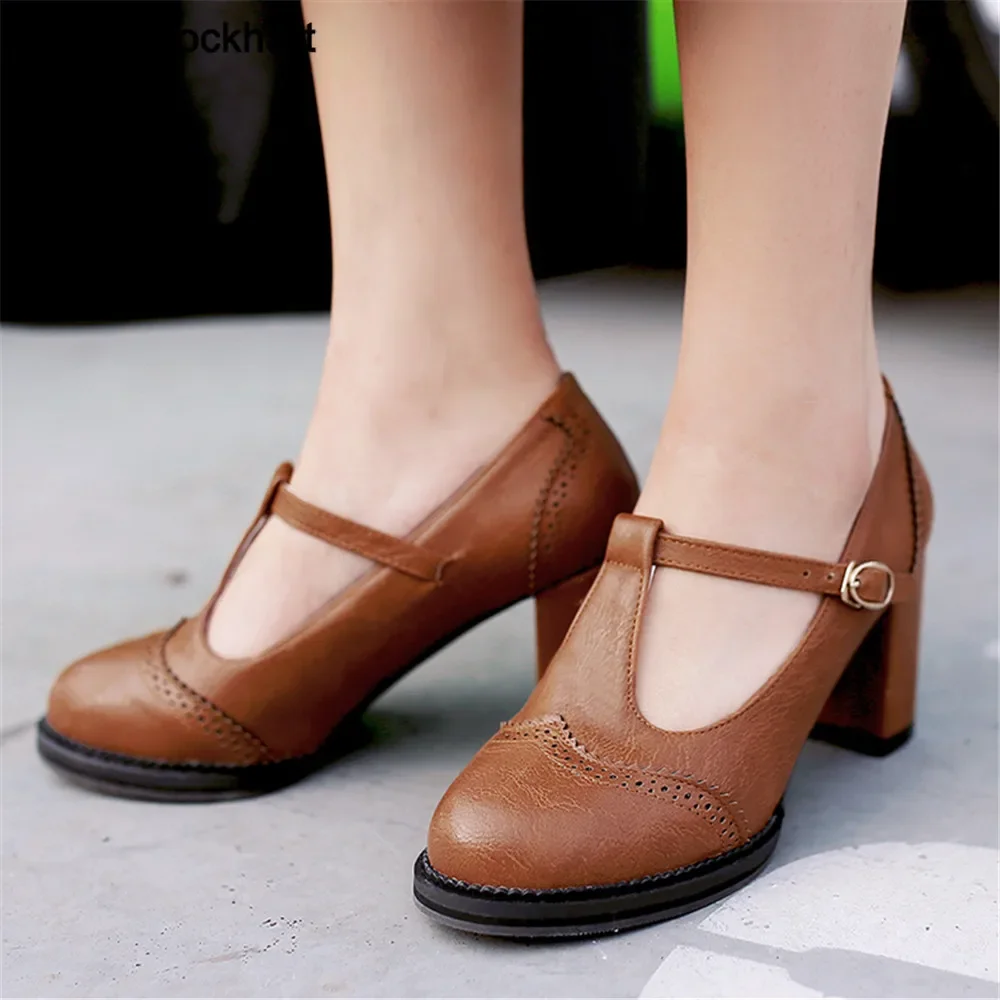 

Spring High-Heeled Shoes Women Pumps Buckle Thick Heels With T-strap Ladies Platform Mary Janes Female Footwear Size32-43 Brown