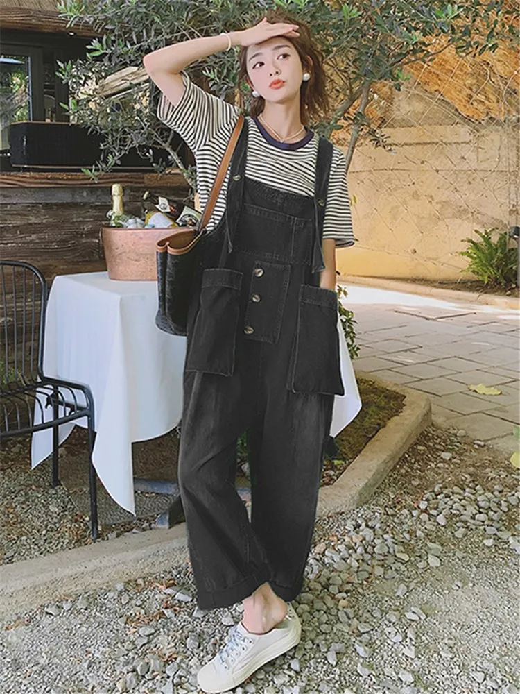 Big Pockets Spliced Ribbon Japan Style Streetwear Loose Overalls Strap Pants 2022 Summer Women Hip Hop Cargo Harem Trouser 6708