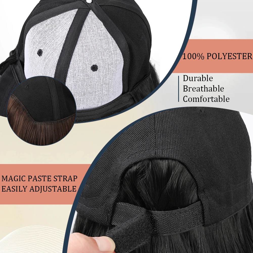 Baseball Cap with Synthetic Hair Extensions Heat Resistant 10 Inch Adjustable Short Straight Bob Wigs in Hat for Women Daily Use