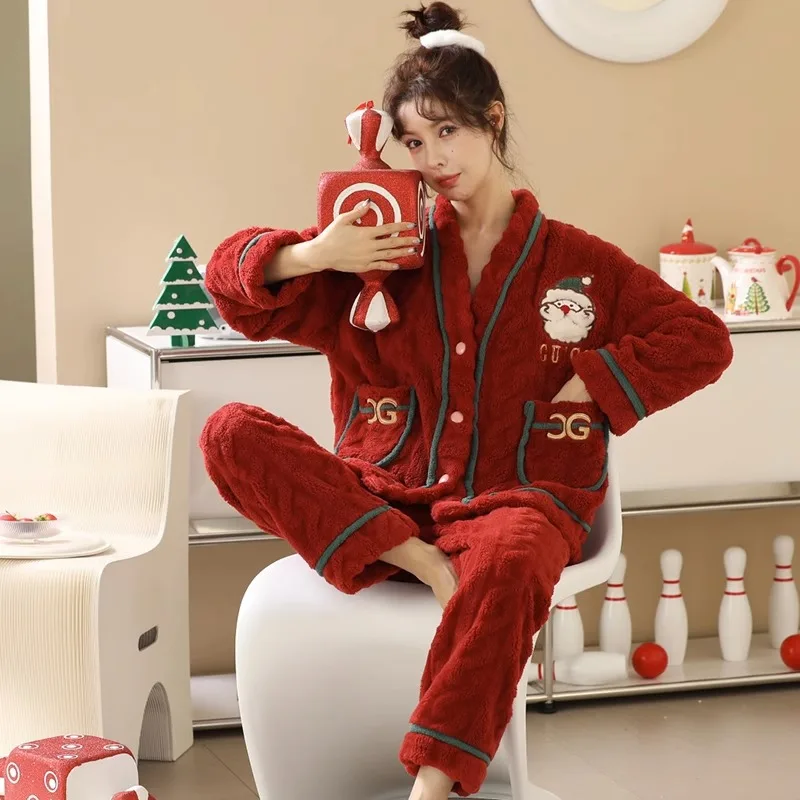 Sleepwear Women's Autumn and Winter Coral Plush Thickened 2023 New Cartoon Home Fur Two Piece Set of Flannel