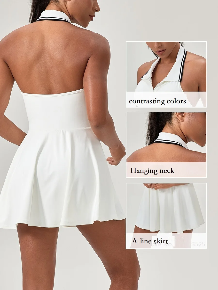 Women Sports One Piece Tennis Dress Yoga Tank Top Polo Collar Golf  Badminton Skirts Halter V-Neck Backless Dresses Gym Suit