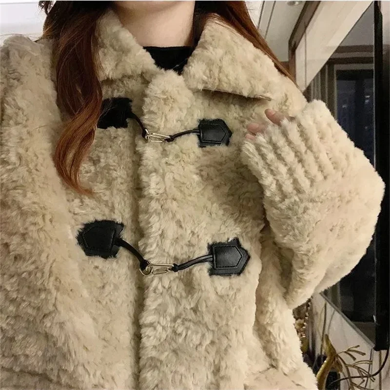 Otoño Invierno señoras espesar abrigo de piel sintética moda femenina coreana chaqueta de lana de cordero 2025 mujeres Casual manga larga prendas de vestir de felpa