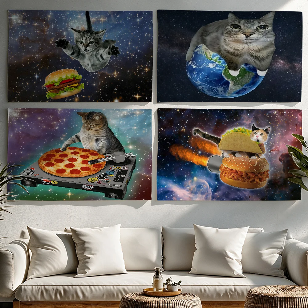 Cosmic Cat Chase Space Burger flag Tapestries Outdoor Parties Bedrooms Living Rooms Dorm Rooms Wall Decor Banners Gifts
