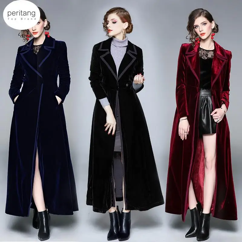 PERITANG Autumn Extra Long Black Reflective Shiny Patent Faux Leather Trench Coat for Women Belt Cool European Fashion 2024