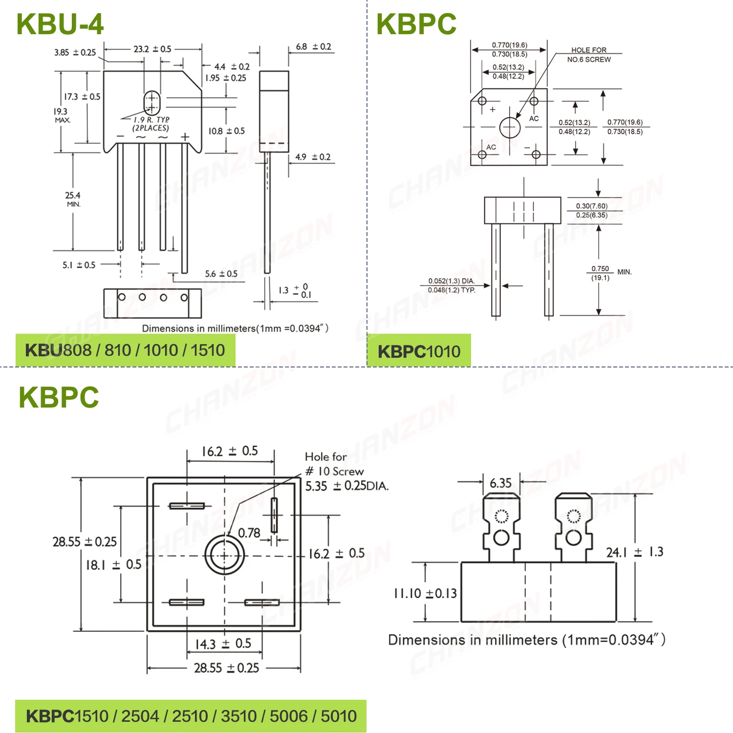 KBU808 KBU810 KBU1010 KBU1510 KBPC1010 KBPC1510 KBPC2504 KBPC2510 KBPC3510 KBPC5006 KBPC5010 Diode Bridge Rectifier High Power