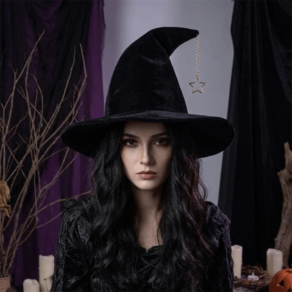 Vintage Solid Color Witch Hat Star Pendant Korean Style Wool Bucket Hat Wizard Cap Foldable Halloween Hat Women