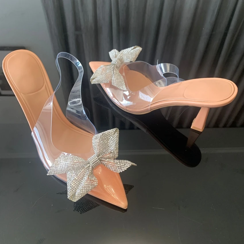 Transparent High Heels For Women 2024 Summer Pointed Toe Heeled Sandals Fashion Bow Slingbacks Pumps Ladies Stiletto Shoes