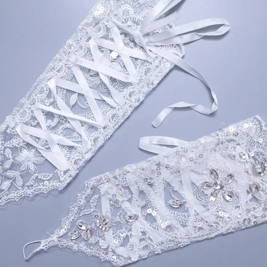 Women' Wedding Lace Gloves Bridal Fingerless Gloves Crystal Sequins White Hook Finger Drawstring Gloves image 4
