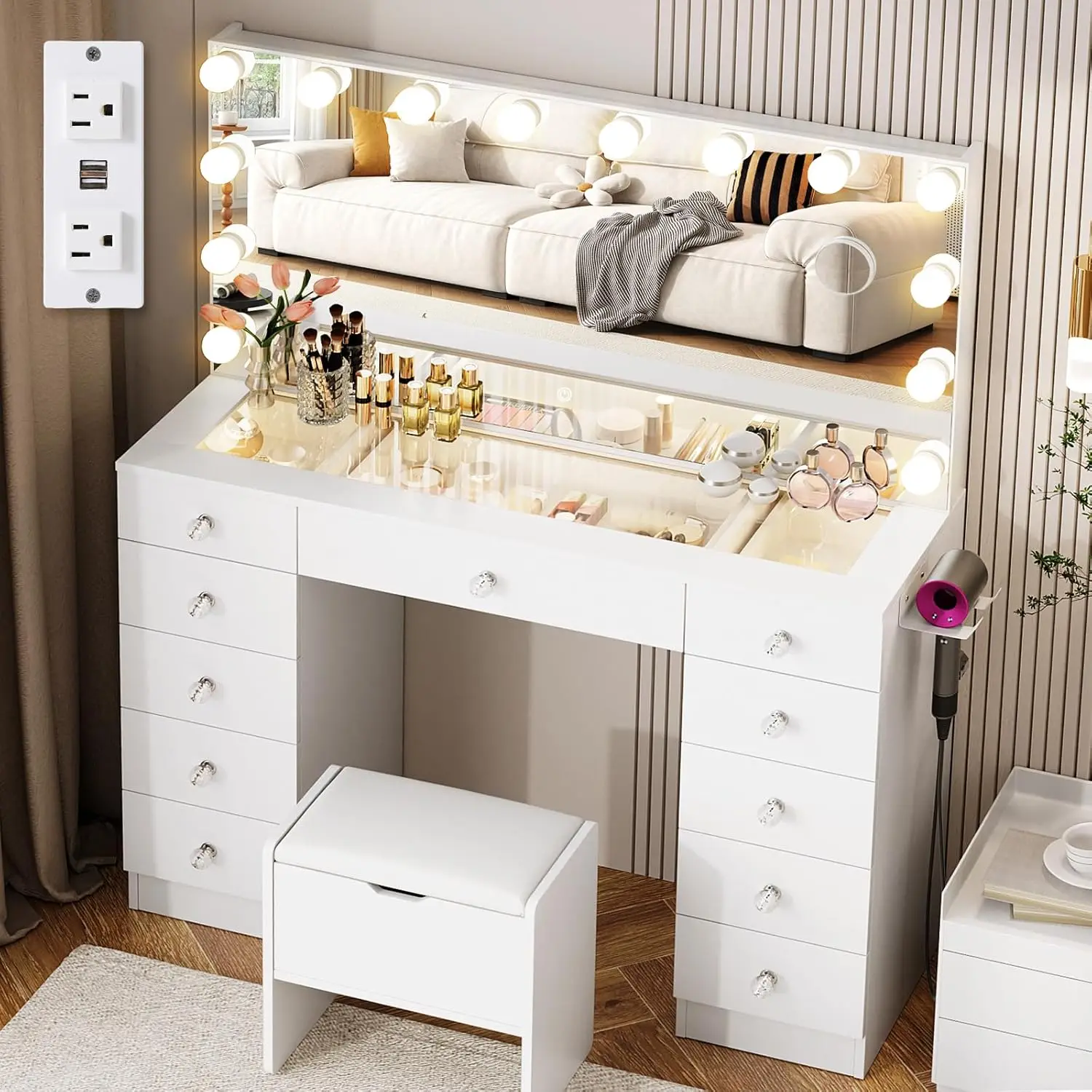 Lighted Mirror Glass Top Makeup Vanity Desk 11 Drawers 3 Color Lighting Adjustable Brightness 46