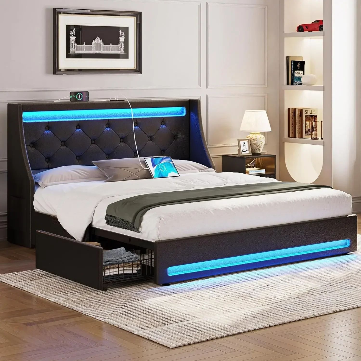 Queen Bed Frame with LED Lights and Charging Station, PU Leather Bed with Drawers, Wooden Slats, Noise Free,