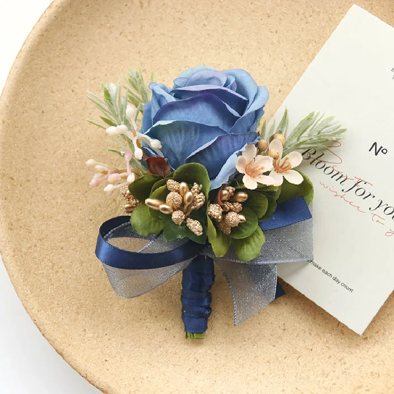 Bouton niere und Handgelenk Corsage Hochzeit liefert Bankett Gäste simuliert Blumen Braut und Bräutigam blau 527