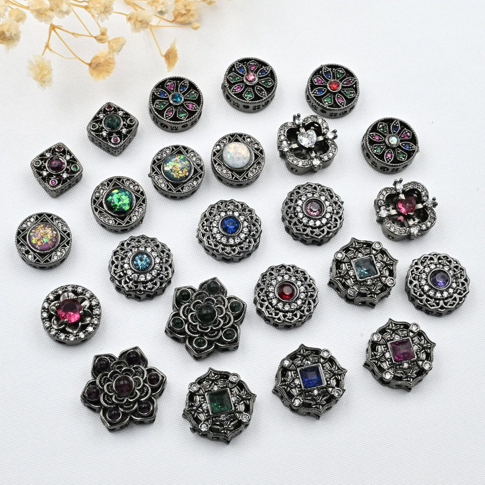 3pcs Copper Plated Gun Black Inlaid with Colored Zircon Spacer Beads DIY Pearl Necklace Bracelet Accessories Jewelry Materials