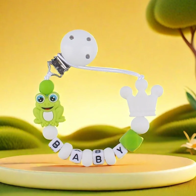 

NEW Custom Personalized Name Pacifier Clip Handmade Cartoon Frog Chain Silicone Crown Holder Soother Baby Teething Toy Chew Gift