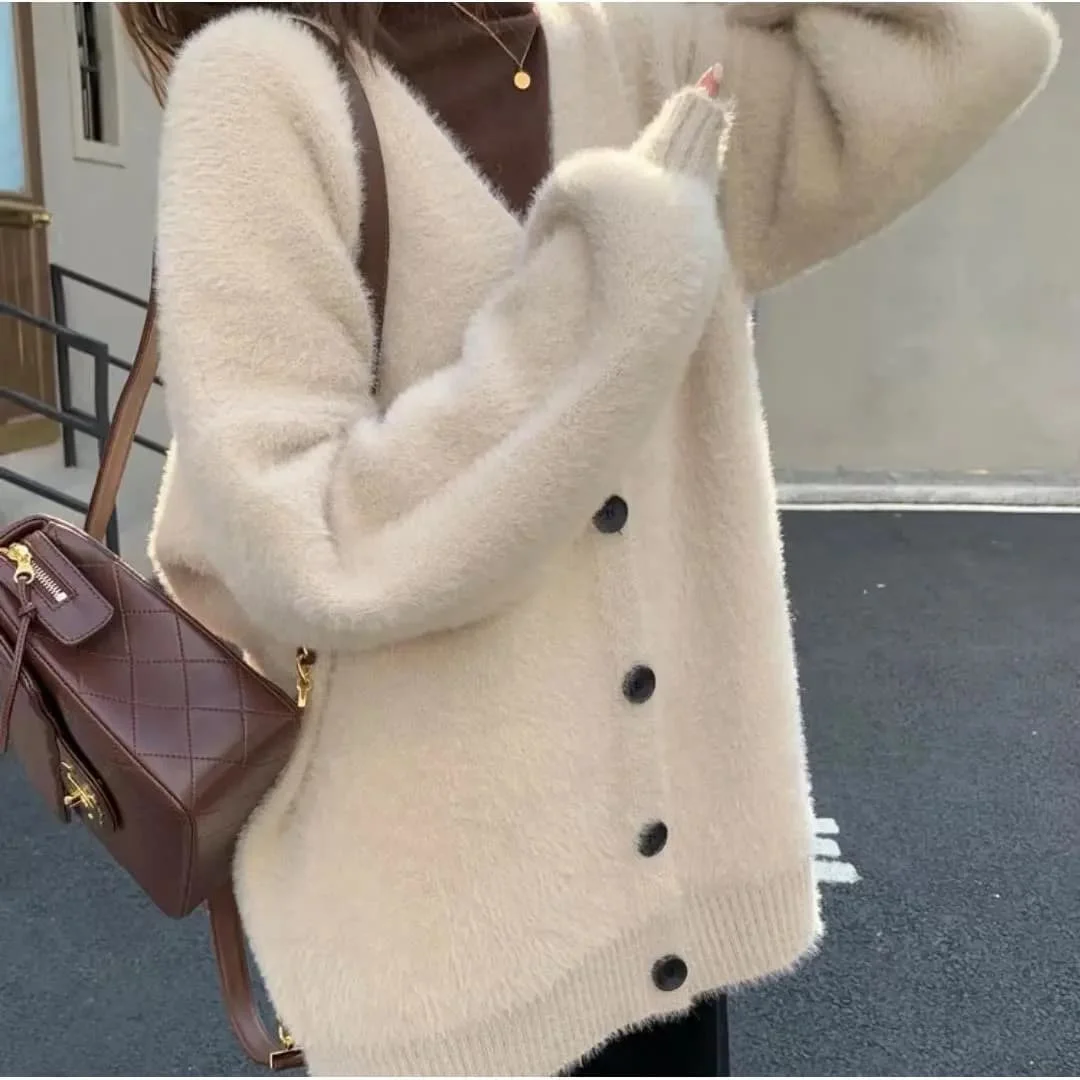 ay كسول Sle محبوك سترة المرأة Thiened الخريف الشتاء وهمية المنك V-ne سترة مفتوحة محبوك أعلى Faionable تخفيف #2