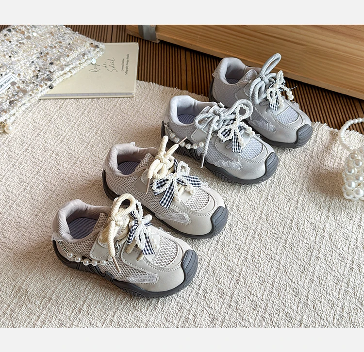 Mädchen Sportschuhe Süße Perlen-Schleifen Kinder Prinzessinnen Freizeitschuhe Atmungsaktives Mesh 2026 Brandneue Kinder-Tennisschuhe Rutschfest – Detail 2