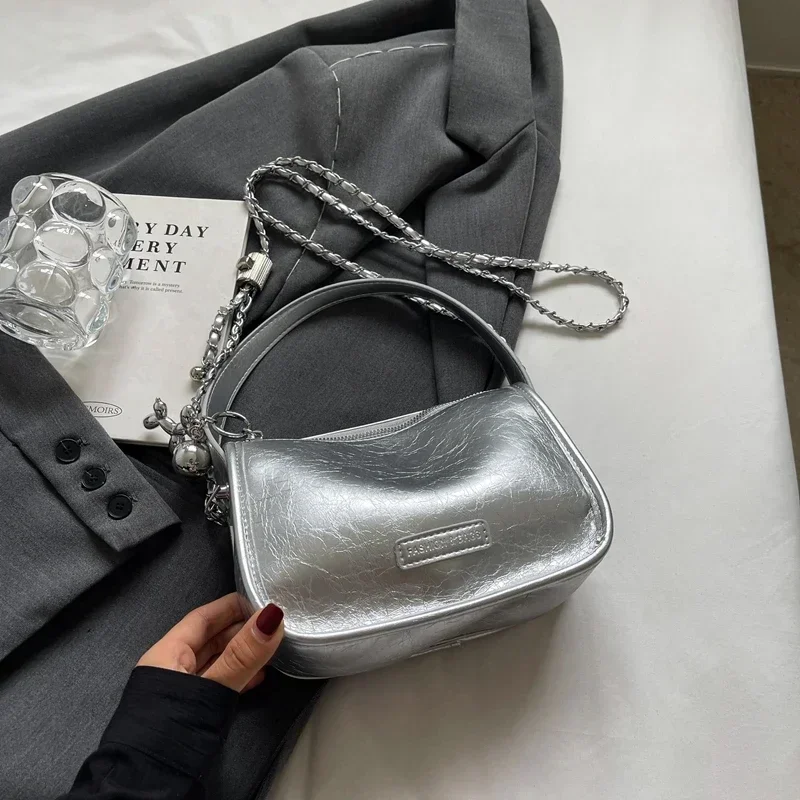 

Chain Crossbody Bag Women 2024 New Popular Silver Handbag Summer Everything Single Shoulder Small Square Bag Bolso Crossbody