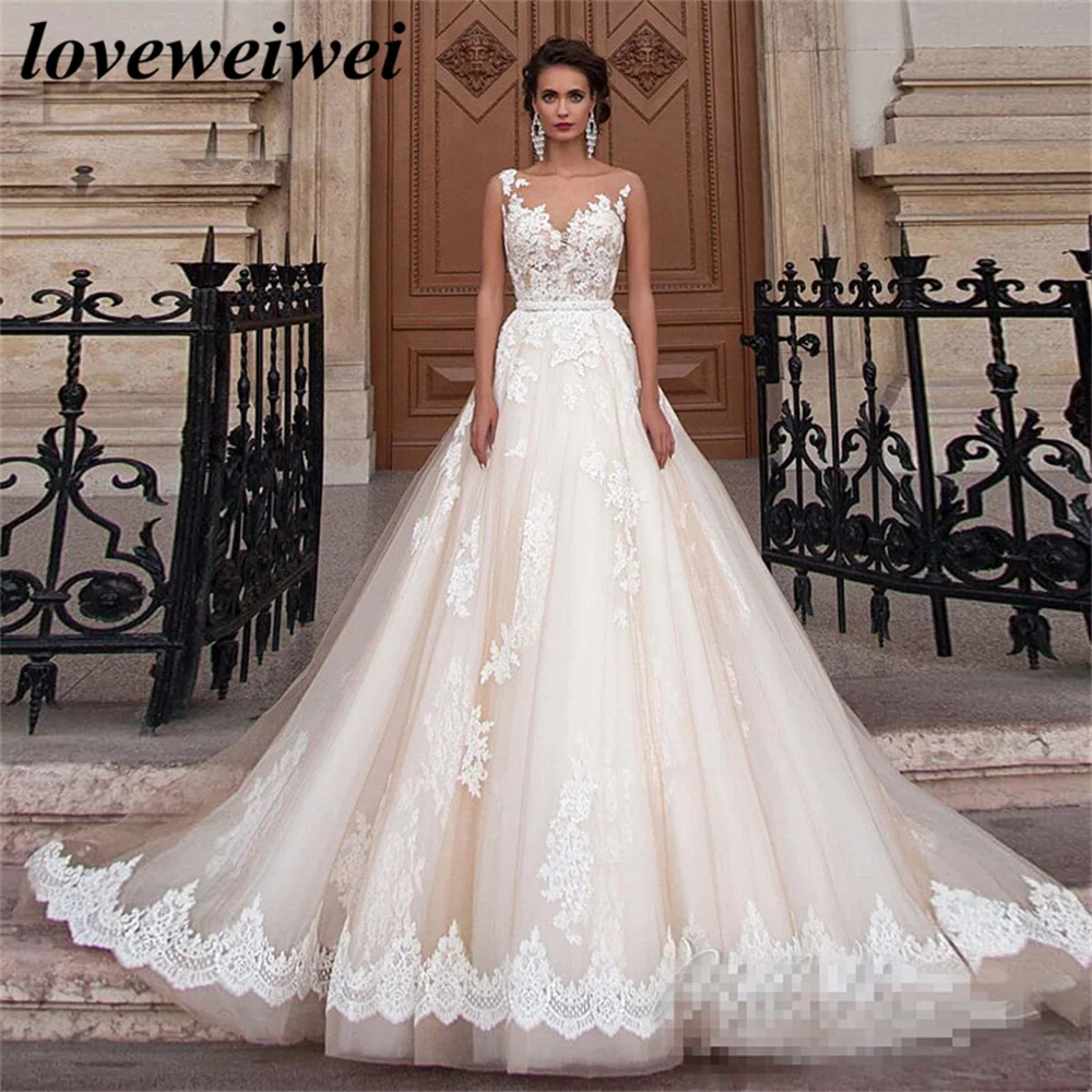 

Transparent Scoop Champagne Wedding Dress With Detachable Beading Lace Applique Sleeveless Backless Bridal Gowns robe soirée