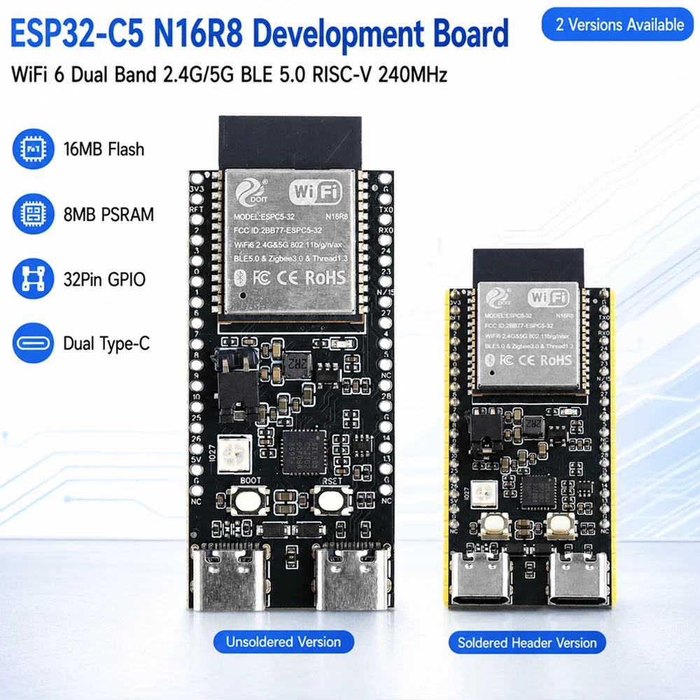 ESP32-C5 N16R8 Development Board WiFi6 Dual Band 2.4G 5G BLE5.0 16MB Flash 8MB PSRAM 32Pin Type-C RISC-V 240MHz