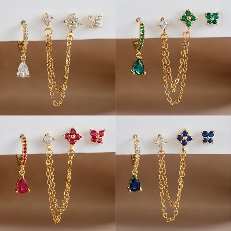 

3pcs Colorful CZ Zirconia Tassel Chains Dangle Earrings for Women Luxury Gold Plated Stud Earrings Girls Gift Piercing Jewelry