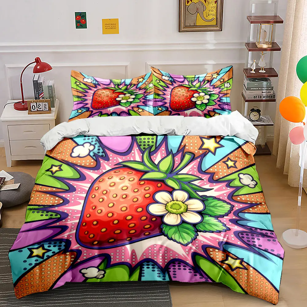 

"Strawberry Pop Art Decor Set" Bedding Set with 1 Duvet Cover 2 Pillowcases Single Double King Queen, Gift