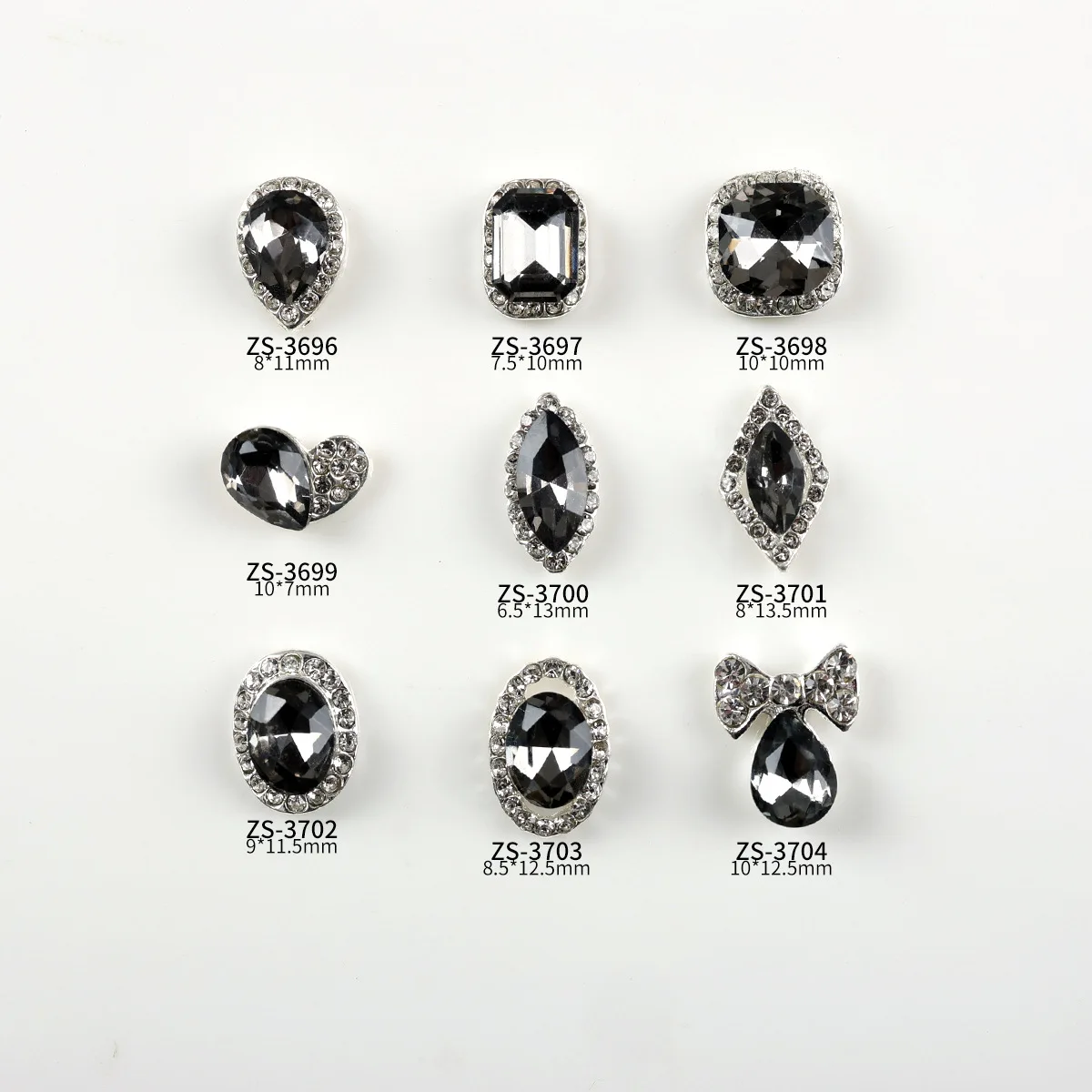 10개 반짝이는 투명 블랙 파일 다이아몬드 스택형 보석 실버 엣지 합금 네일 아트 라인스톤 장식 매니큐어 참