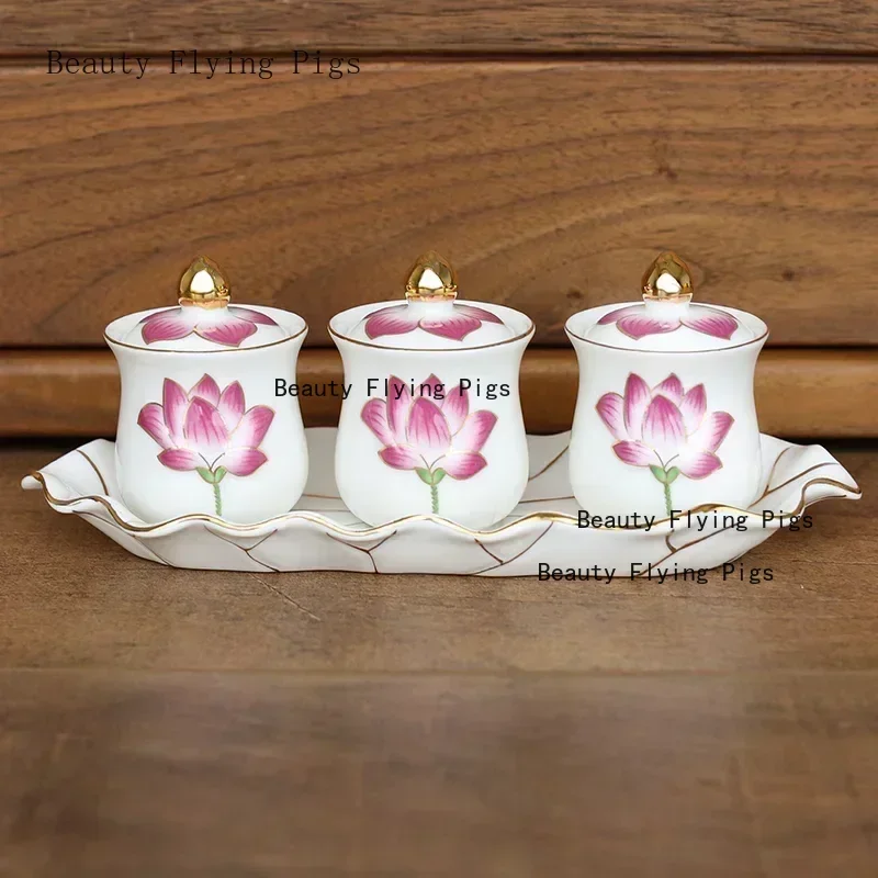 Chinese ceramic Guanyin water supply cup, three supply cups, Buddha cup offering ornaments feng shui  Buddhism