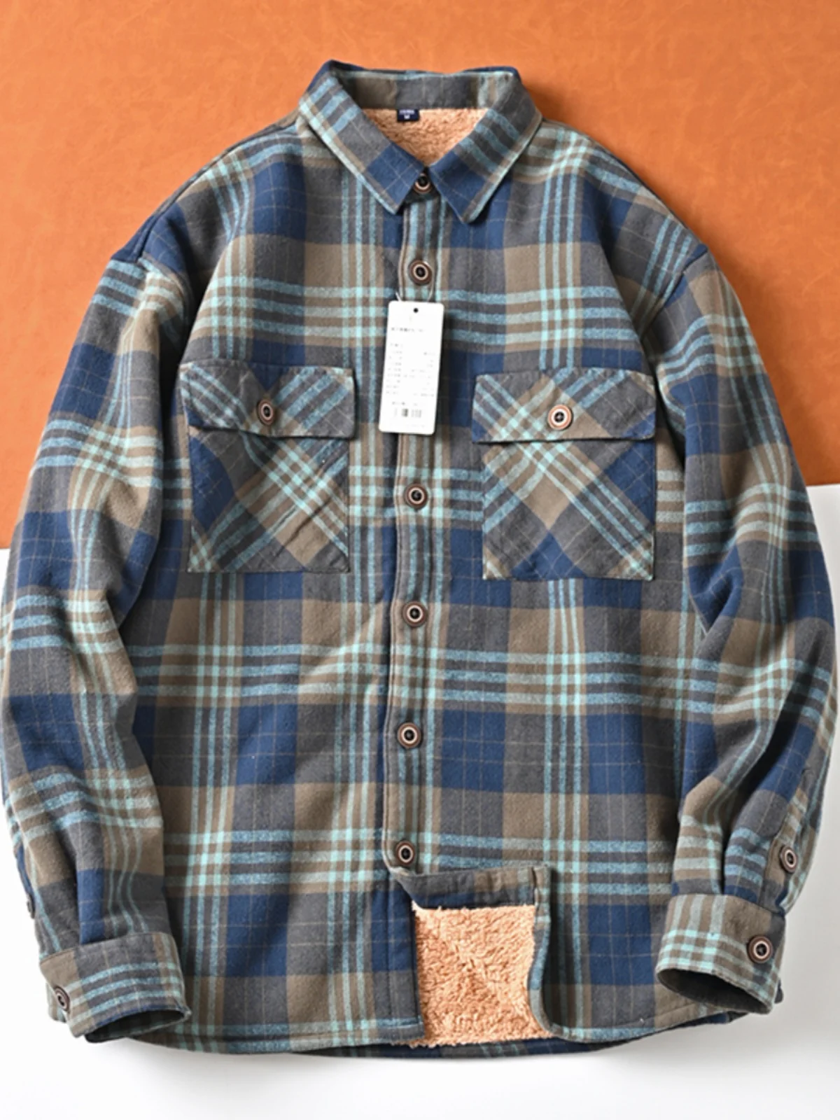 

Thiened Fce Warm Plaid Men's irt Coat Cosite Lamb Velvet Winter Workwear Casual Loose Fit Long Sve Button up