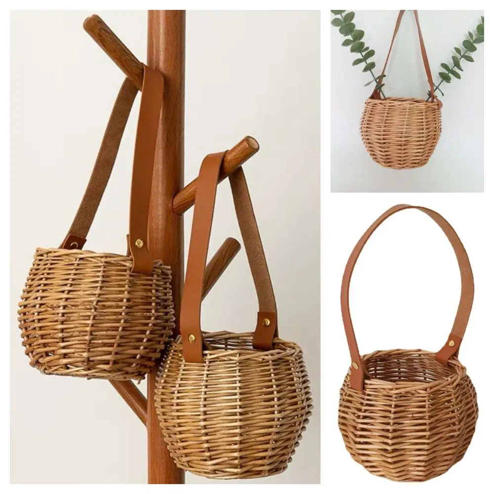 Creative Brown Hanging Flower Basket Round Photo Props Storage Basket Home Decoration Pu Belt Weaving Flowerpot Balcony Terrace