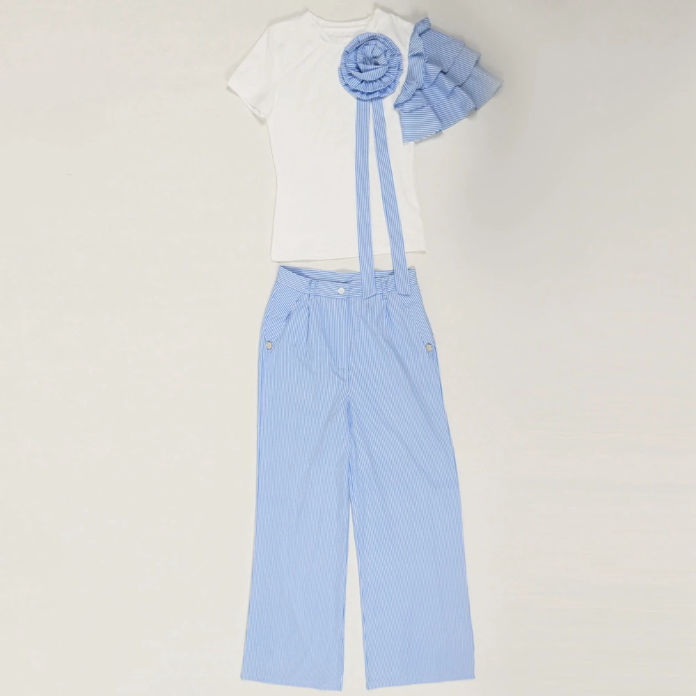 Women Slim Fit T-shirt Top & Wide Leg Pants Set Flower Pattern Decor Elegant Striped Two Pieces Sets y2k Outfits