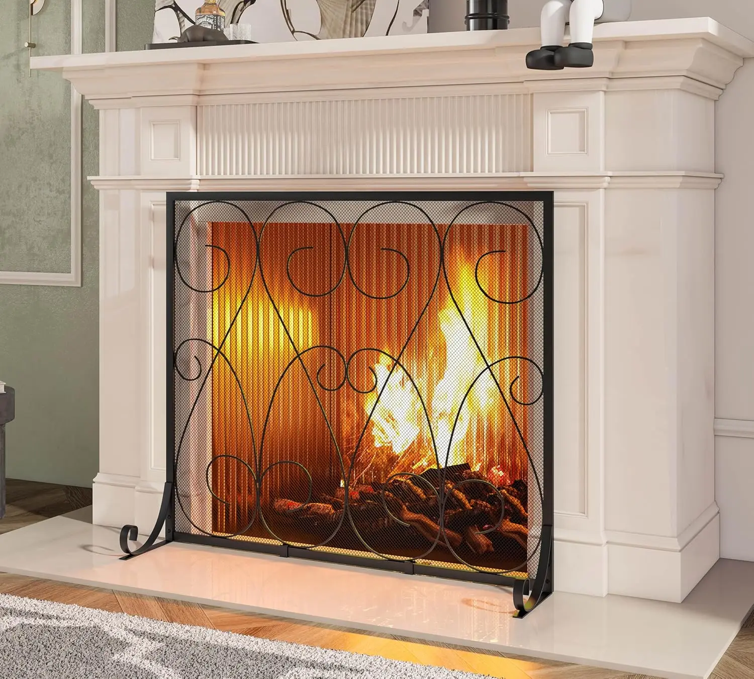 

Single Panel Handcrafted Wrought Iron Symmetric Scroll Flat Fireplace Screen with Sturdy Steel Frame Durable Metal Mesh Deco