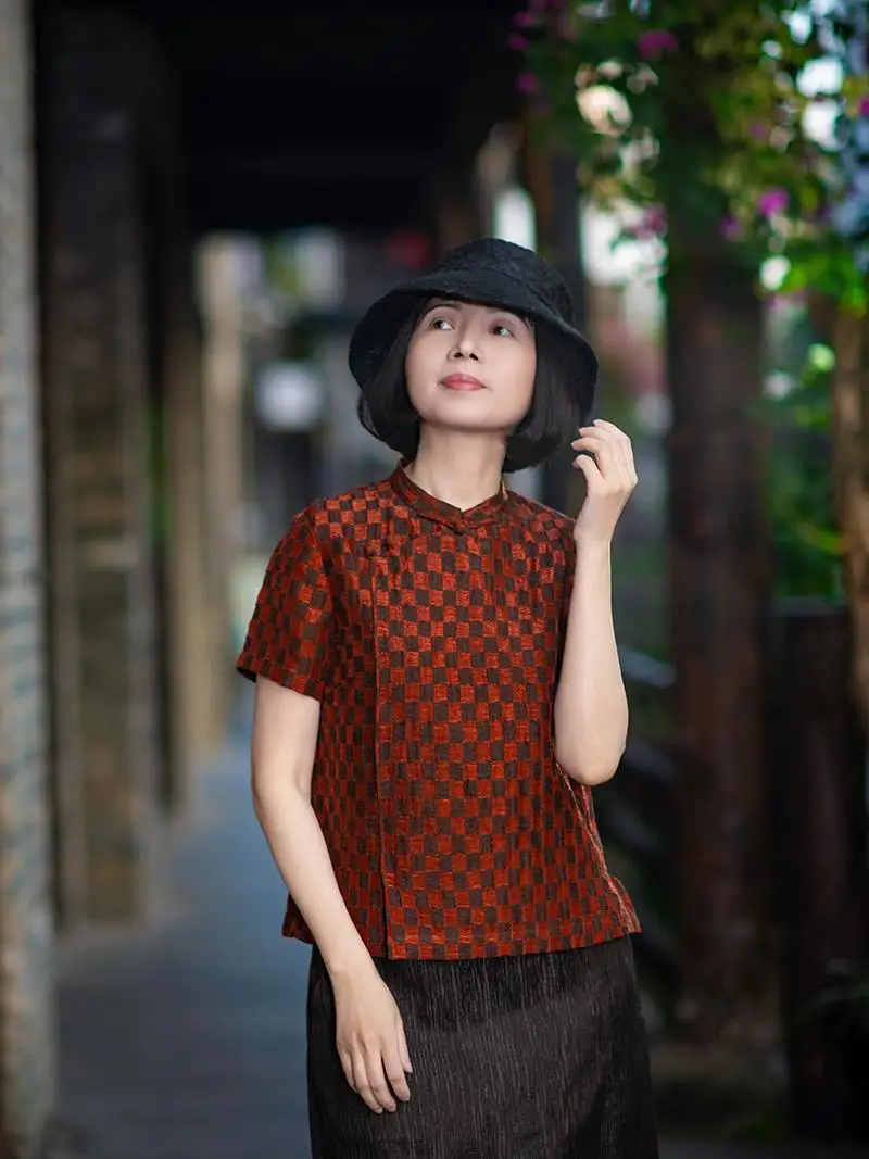 

Красно-коричневый шелковый льняной ort Sve воротник-стойка на пуговицах, китайский топ, летний модный традиционный женский топ Ele...