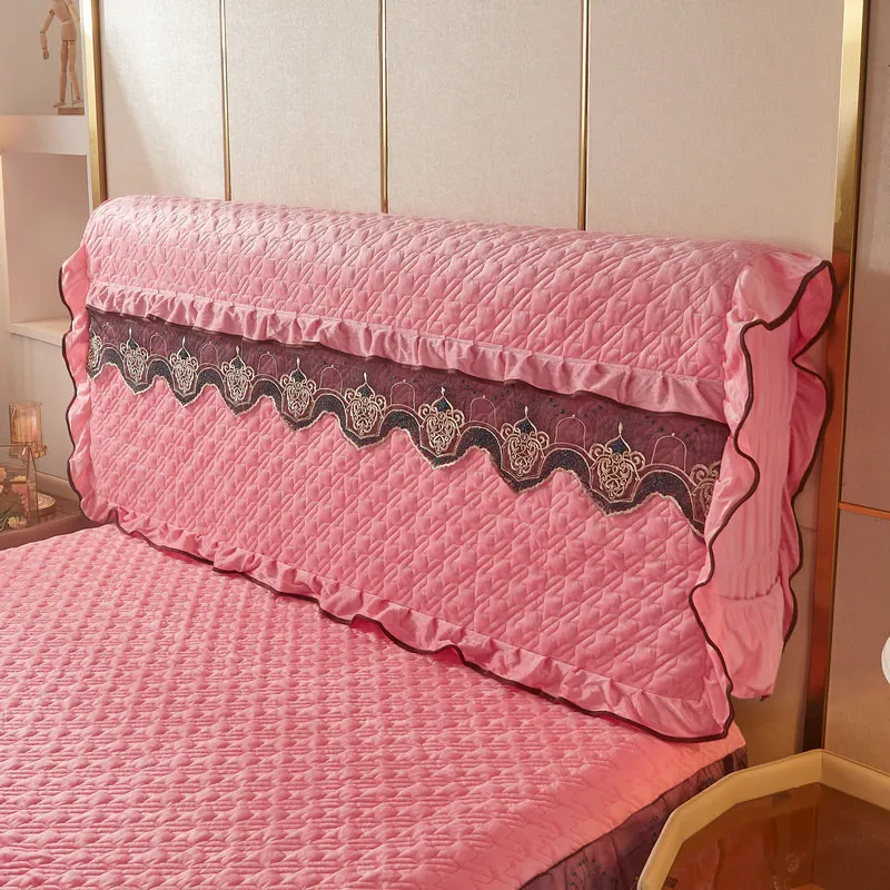 Lace Headboard Covers for Bed Plush Velvet Double Queen King Quilted Anti-collision Full Coverage Back Protector with Pocket