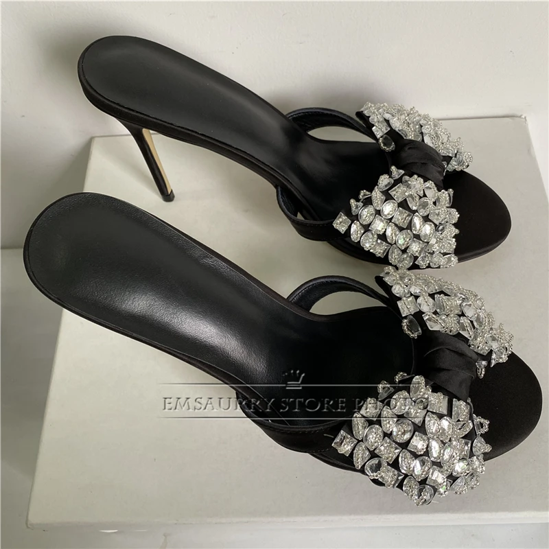 Sewing Rhinestone Butterfly-Knot Sandals Women 10cm Stiletto Heel Luxury Satin Slingbacks Slim Summer Shoes