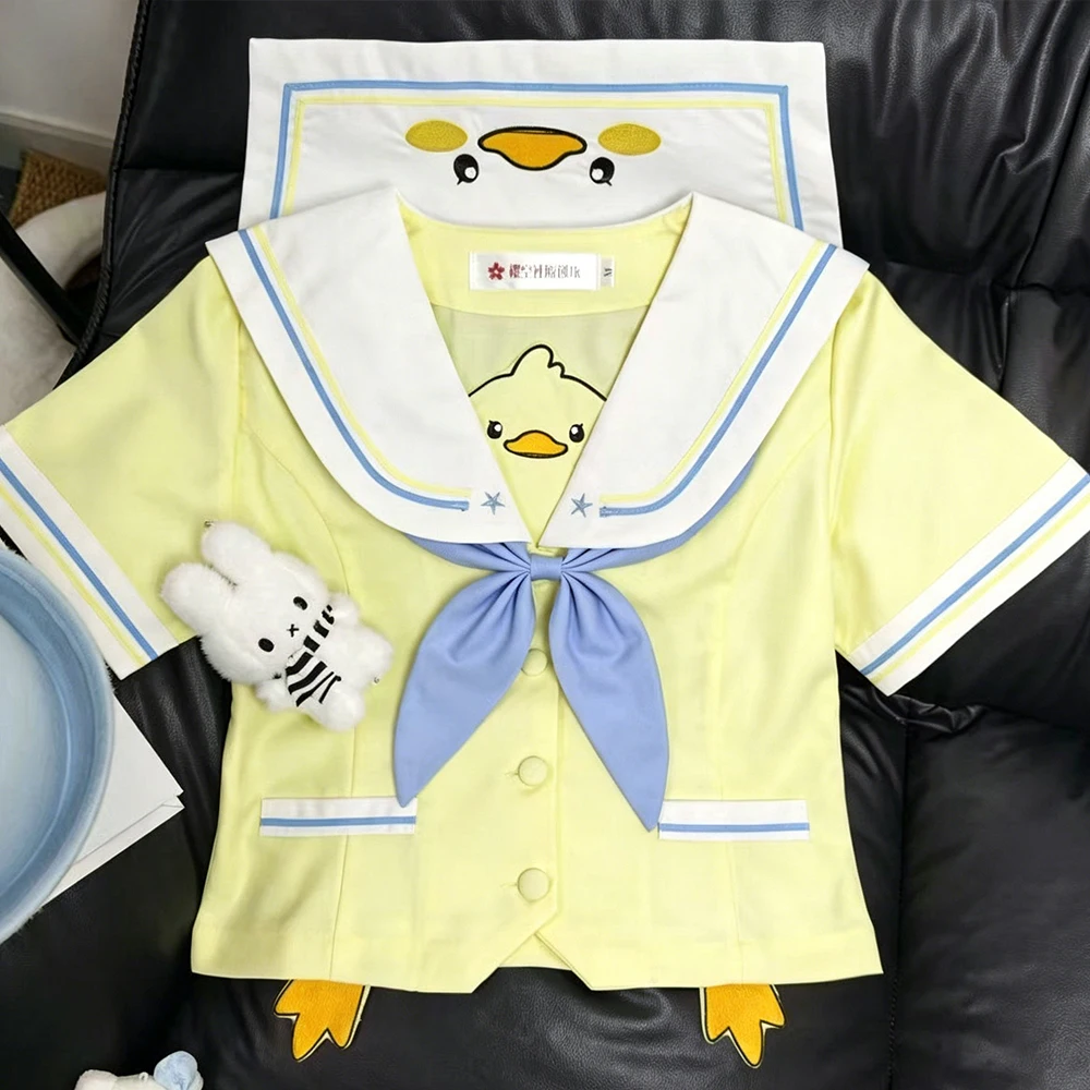 Original Japanese Cute Jk Uniform Women's Sweet Cartoon Print Navy Yellow Short Sleeve Shirt Folded Skirt Two Piece Set Summer image 5
