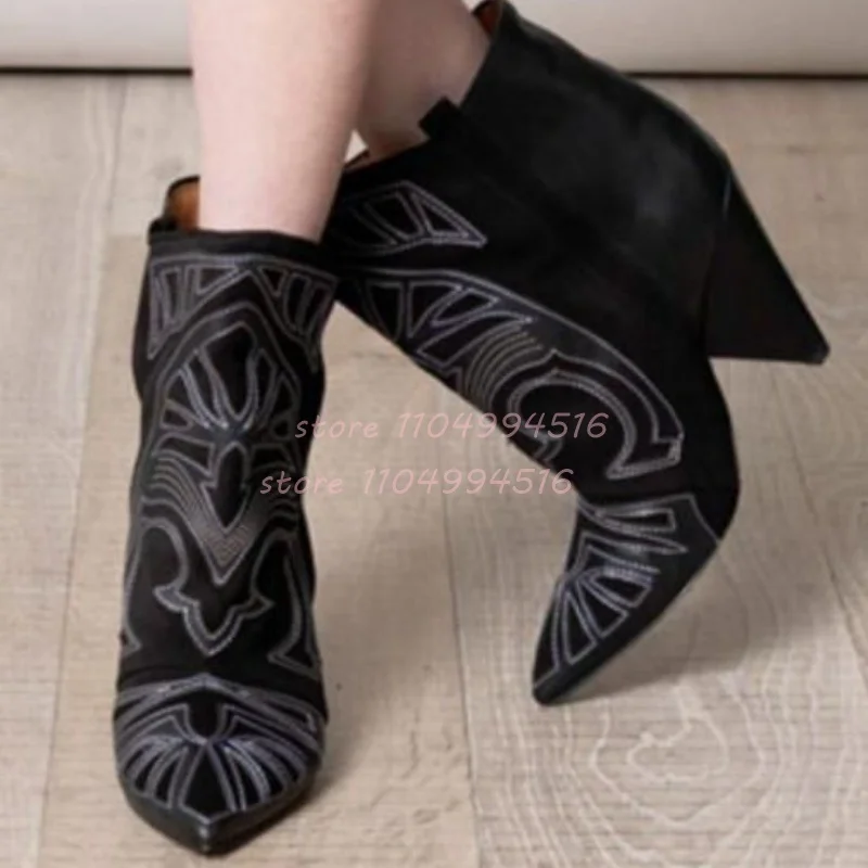 

Black Print Wedges Pointed Ankle Boots Women Red Leather Slip On Short Boots Fashion Vintage Party Spring Autumn Lady Shoes New