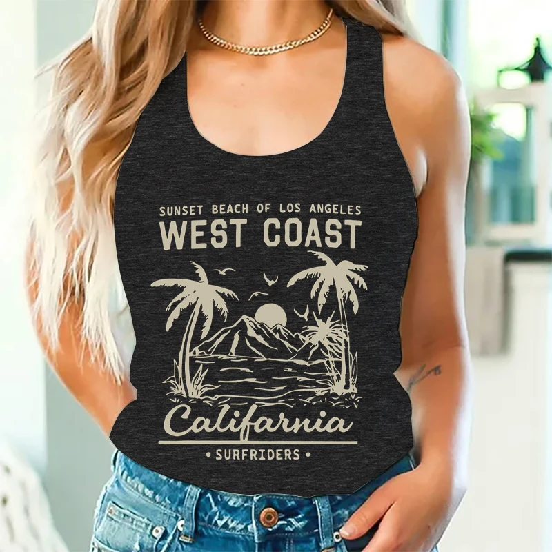 Vintage Ocean Beach West Coast Graphic Sleeveless Suspenders Tshirts Fashion Women Vacation Style Racerback Tank Tops