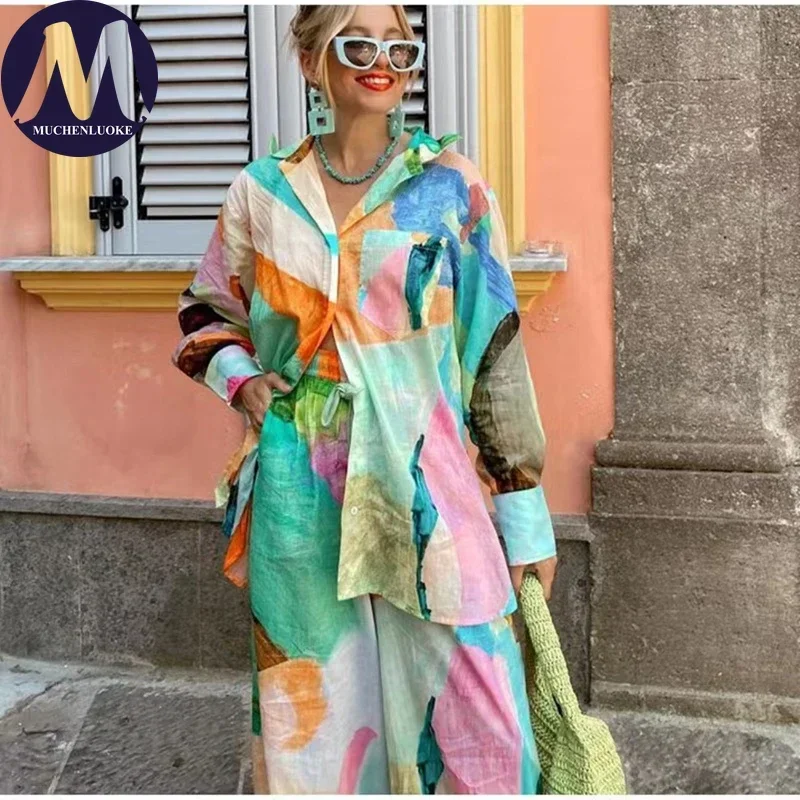 

2 Pieces Set for Woman Summer Color Blocking Long Sleeves Lapel Shirt Tops Suits Fashionable Casual Loose Wide Leg Pants Sets